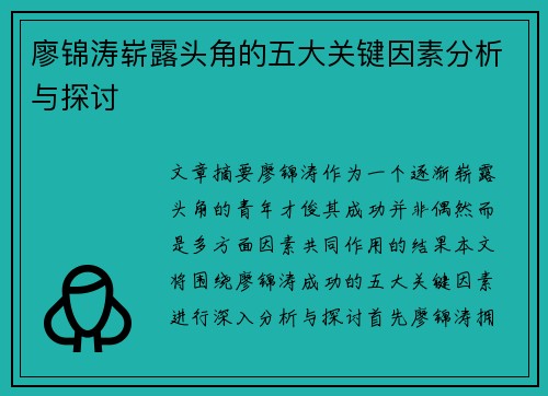 廖锦涛崭露头角的五大关键因素分析与探讨